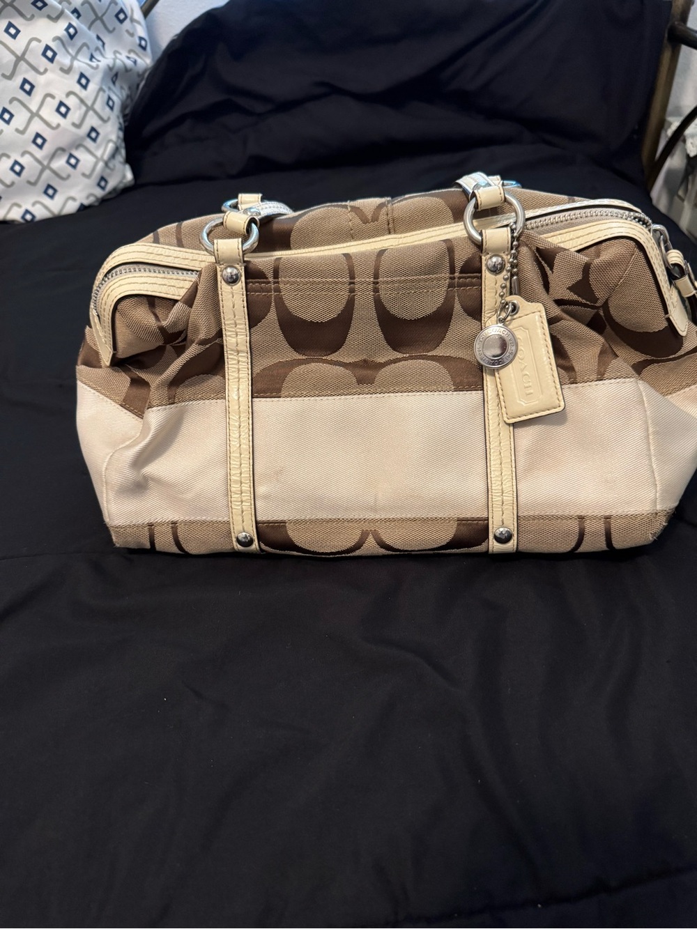 Coach Beige and Brown Signature Canvas Satchel with Leather Trim